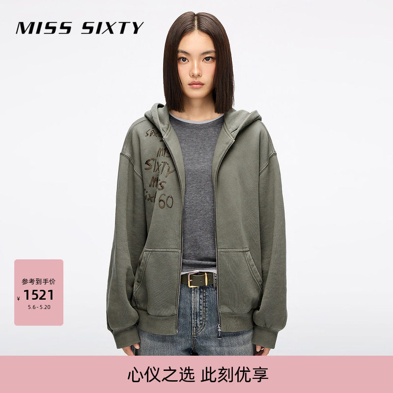 Miss Sixty冬季卫衣外套外搭女连帽烫钻口袋休闲宽松运动风
