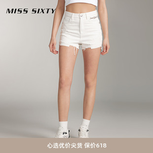 新款 牛仔短裤 Sixty2024夏季 Miss 女白色链条破烂设计高腰显瘦直筒