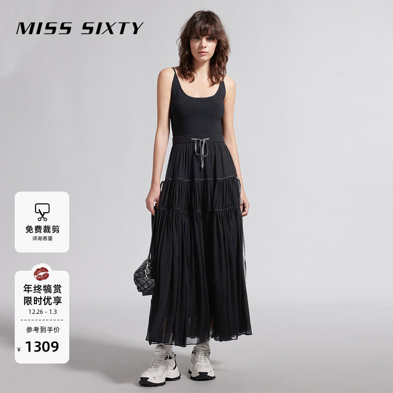 Miss Sixty含桑蚕丝可调吊带连身连衣裙法式小黑裙气质优雅