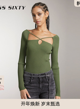 Miss Sixty针织衫上衣女小性感镂空修身显瘦短款长袖系带休闲毛衣