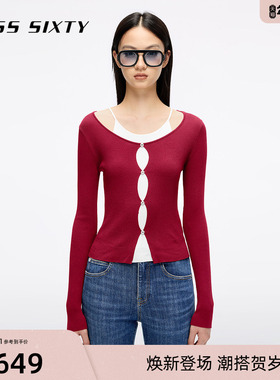 【新年穿搭】Miss Sixty25秋季新款针织衫女含桑蚕丝红色假两件