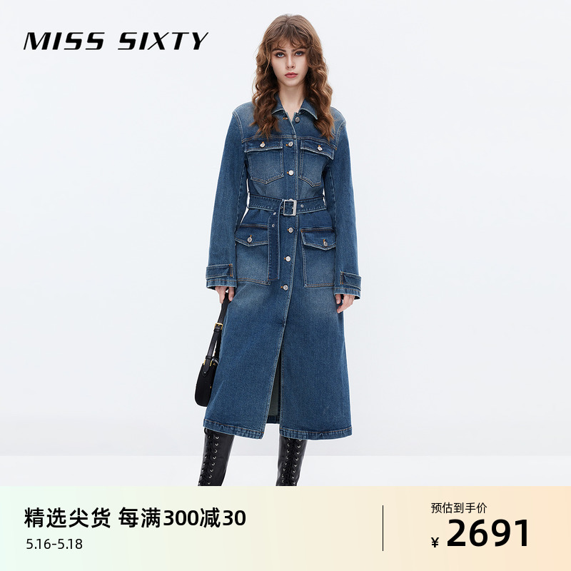 Miss Sixty牛仔大衣女复古工装风配腰带中长款开衩设计气质外套