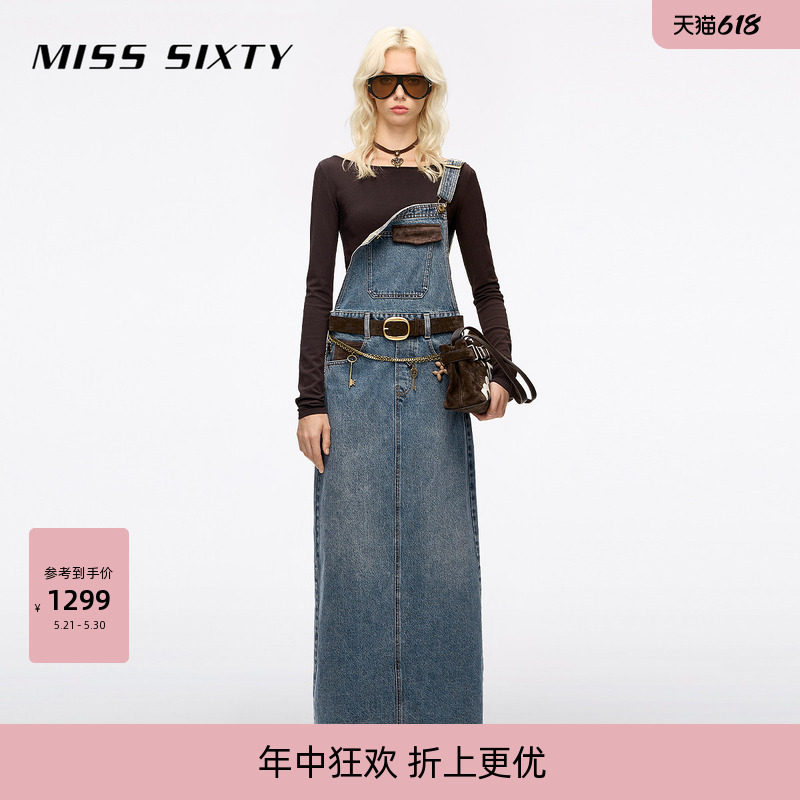 Miss Sixty背带牛仔连衣裙女气质复古麂皮拼贴开衩设计百搭