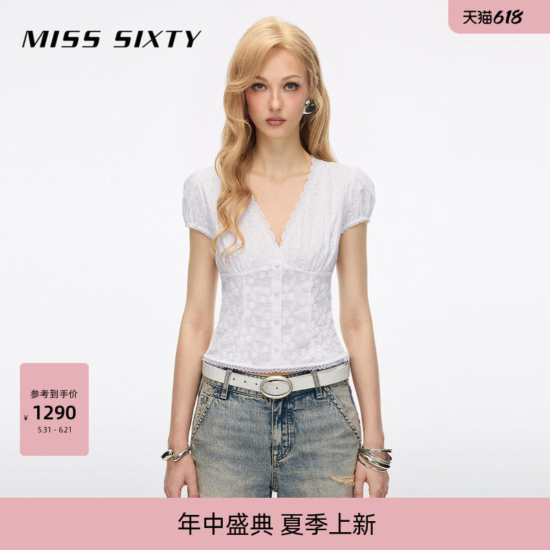 Miss Sixty2026夏季新款衬衫女V领镂空绣花法式气质度假风上衣