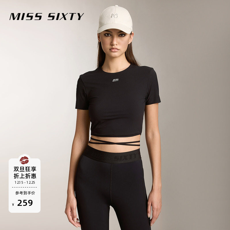 【运动系列】Miss Sixty短袖T恤圆领系带印花休闲短款健身