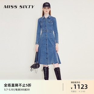 裙 鱼尾裙工装 Sixty牛仔连衣裙女单排扣褶边复古气质中长款 Miss