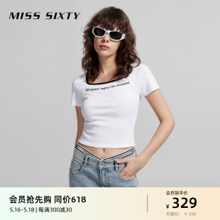 T恤女方领修身 Miss 新款 短款 Sixty2024夏季 撞色绣花百搭休闲高街