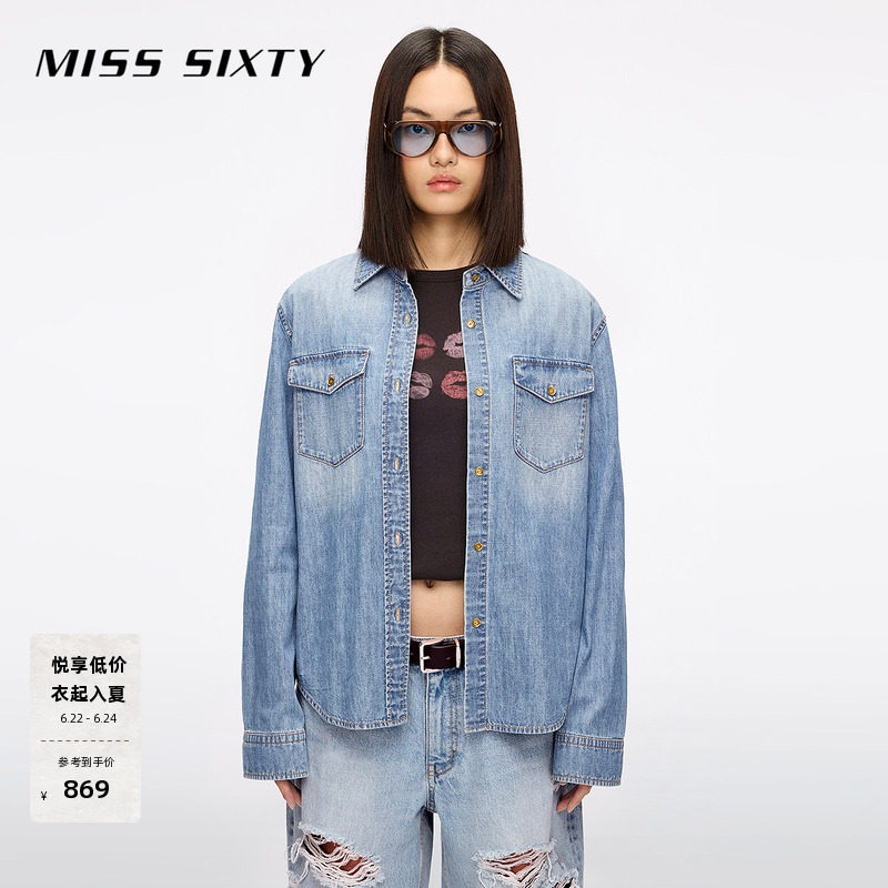 Miss Sixty秋季复古牛仔衬衫女翻领长袖中长款单排扣做旧洗