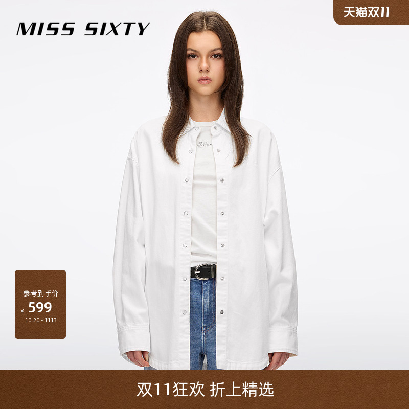 Miss Sixty2026春夏新款长袖牛仔衬衫女棉麻简约白色口袋休闲通勤
