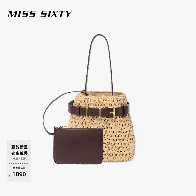 Miss Sixty2026夏季新款单肩包女拉菲草拼接真皮腰带配