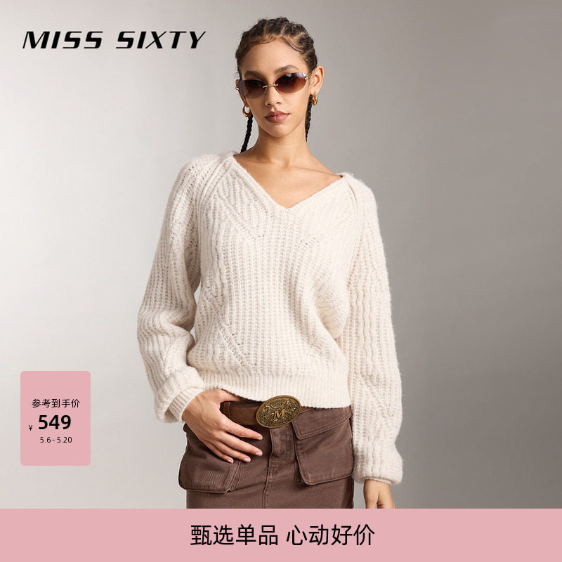 Miss Sixty羊毛针织衫女气质V领毛衣宽松短款上衣显瘦百搭