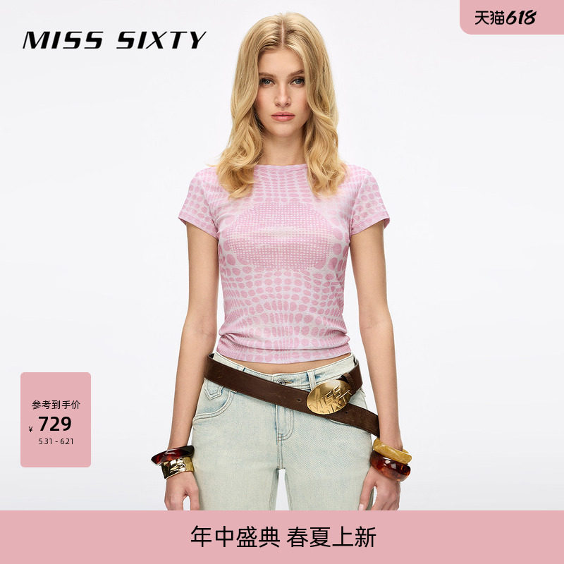 Miss Sixty2026春夏新款短袖T恤女修身短款唇印波点上衣配收纳袋
