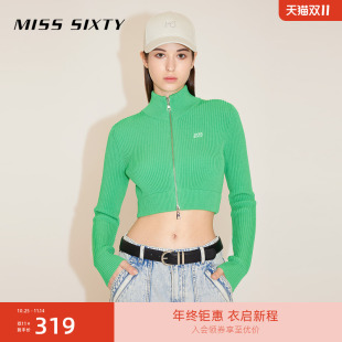 双拉链时尚 Miss 短款 女立领修身 露脐上衣毛衣 Sixty含桑蚕丝针织衫
