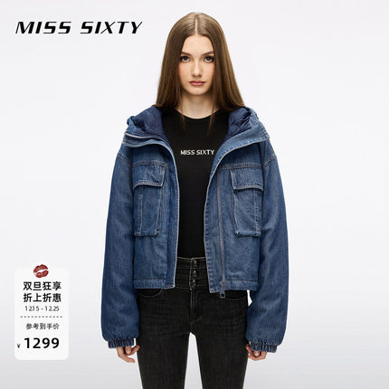 【保暖90鸭绒】Miss Sixty25冬新款牛仔羽绒服连帽工装短款外套