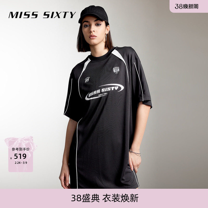 Miss Sixty连身连衣裙女复古运动赛车风T恤裙宽松个性两穿短裙