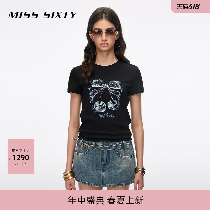 Miss Sixty2026夏季新款T恤女圆领蝴蝶结樱桃印花重工