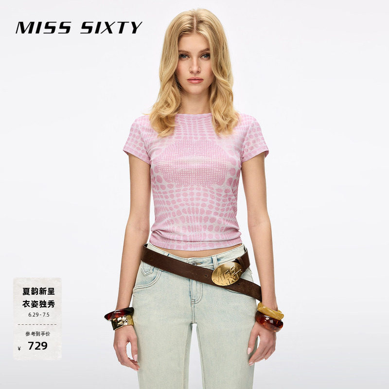 Miss Sixty2026春夏新款短袖T恤女修身短款唇印波点上