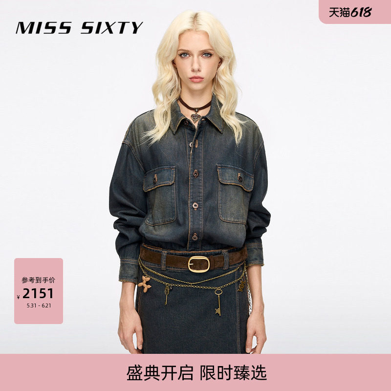 Miss Sixty秋季磨毛牛仔连衣裙女气质假两件复古显瘦工装长
