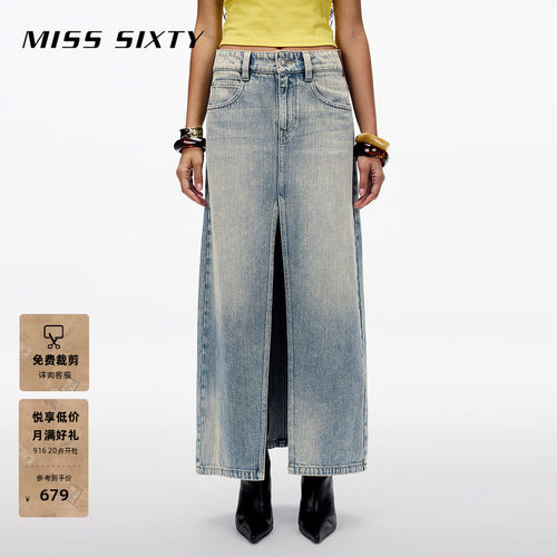 MissSixty复古做旧开衩牛仔长裙