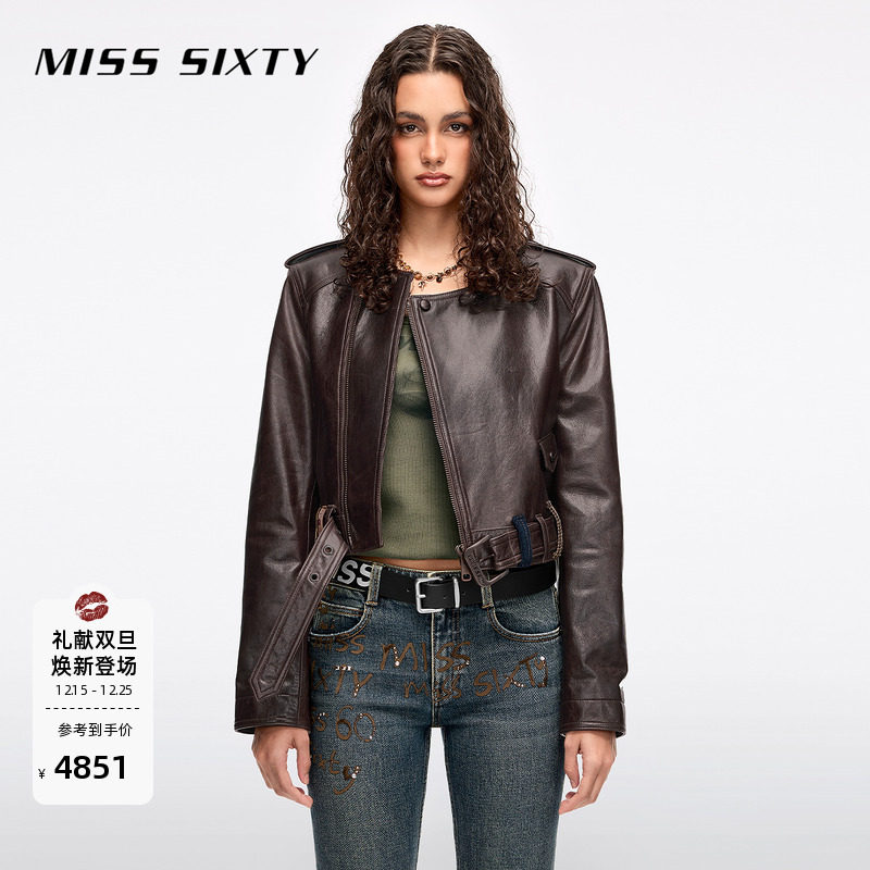 Miss Sixty2025秋季新款真皮外套女配腰带羊皮革多耳仔