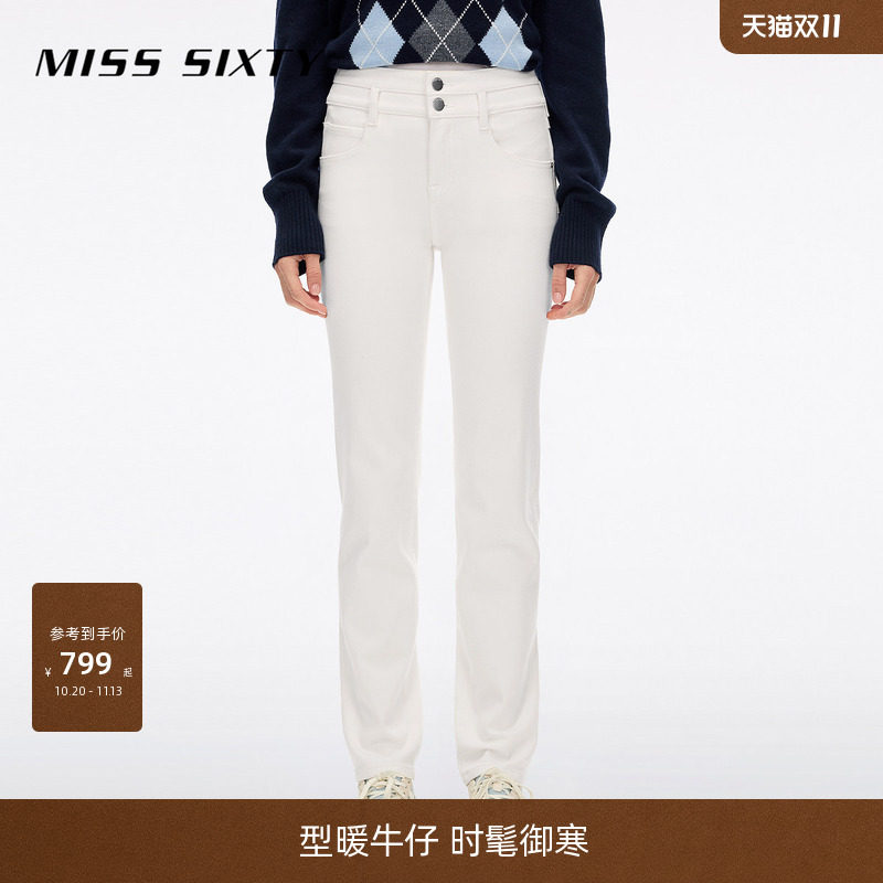 【含羊绒】Miss Sixty2026秋季新款牛仔裤女双扣白色紧身铅笔裤