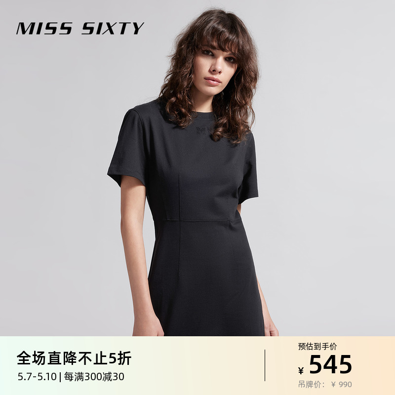 Miss Sixty2024夏季新款连衣裙女圆领钻饰字母纯色收腰百搭休闲风