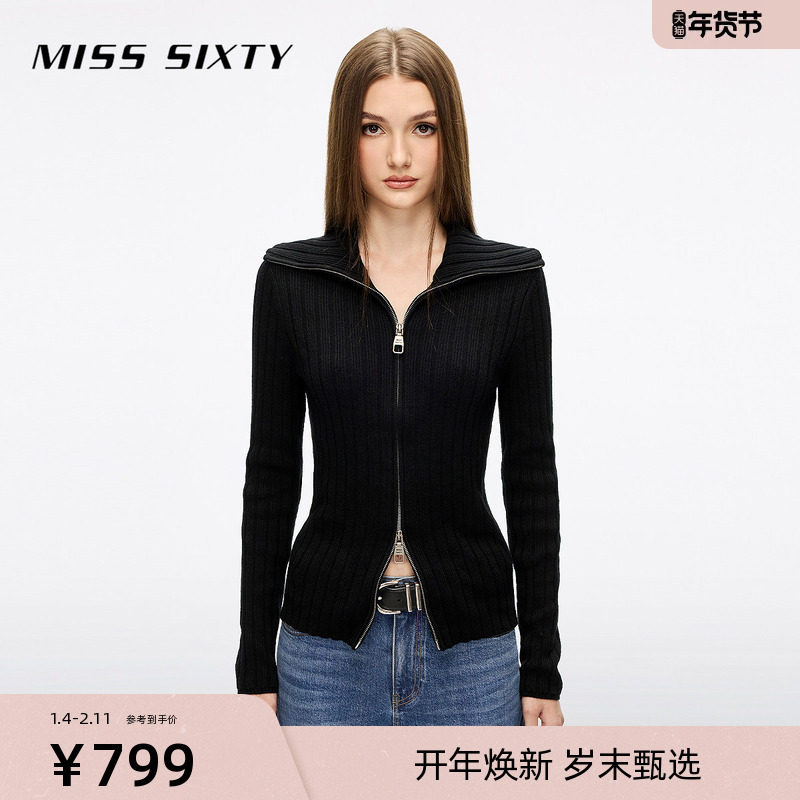 Miss Sixty2025冬季新款针织外套女翻领双向拉链羊毛混纺麻花毛衣
