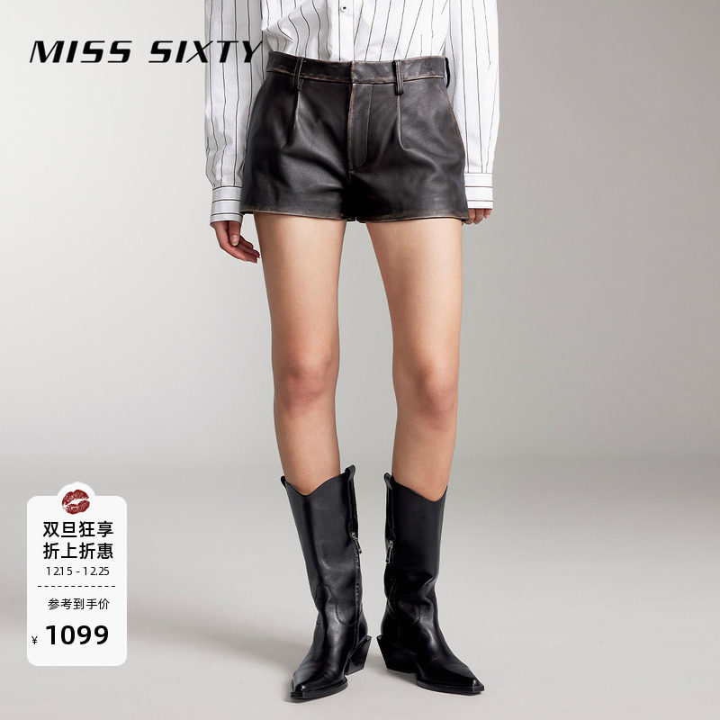 Miss Sixty休闲裤女简约时尚真皮短裤高腰直筒高级复古通勤