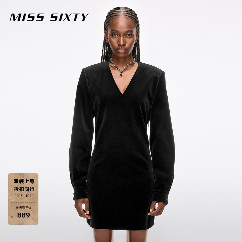 Miss Sixty长袖连衣裙女V领收腰丝绒质感优雅静奢风小黑裙小个子