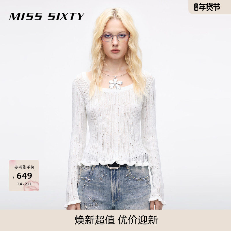 Miss Sixty25春秋套头薄针织衫圆领破洞短木耳边气质上衣