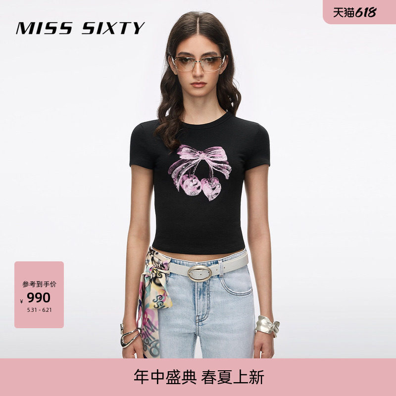 Miss Sixty2026夏季新款短袖T恤女圆领钉珠亮片印花甜酷减龄上衣