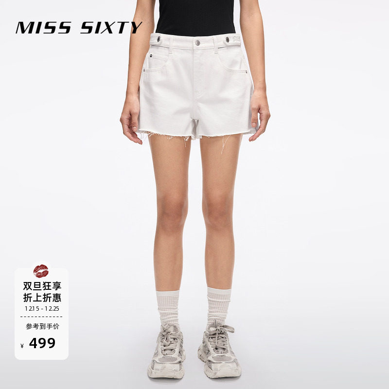Miss Sixty25夏新款牛仔短裤镂空高腰刺绣直筒裤白色休闲