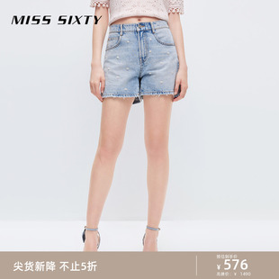 牛仔短裤 女重工钉珠印花贝壳高腰显瘦休闲直筒裤 Sixty夏季 Miss