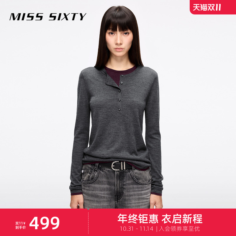 Miss Sixty25春秋新款针织衫女假两件撞色上衣羊毛桑蚕丝混纺毛衣