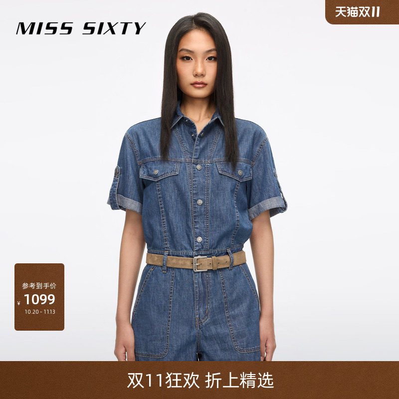 Miss Sixty26夏新款牛仔连体裤女一体式连身配腰带工装短