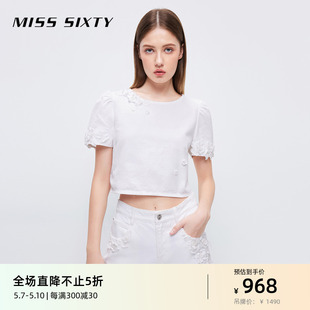 女圆领亮片钉珠花朵显瘦短款 Miss Sixty含天丝牛仔短袖 衬衫 上衣