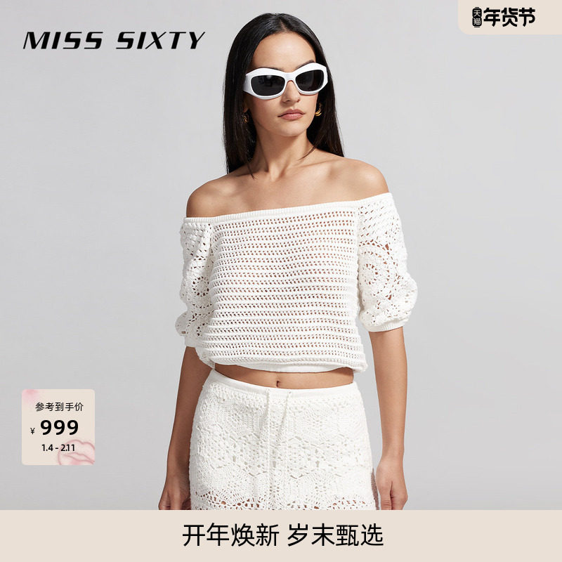 Miss Sixty针织衫上衣女重工镂空钩花一字肩休闲度假甜美薄