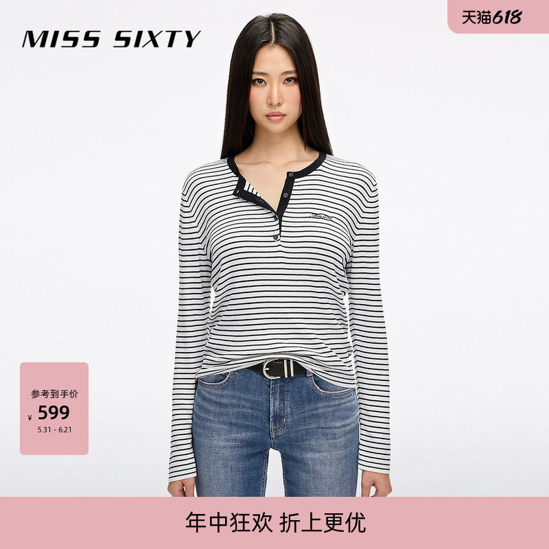 Miss Sixty2026春夏新款针织衫女圆领徽标刺绣条纹羊毛