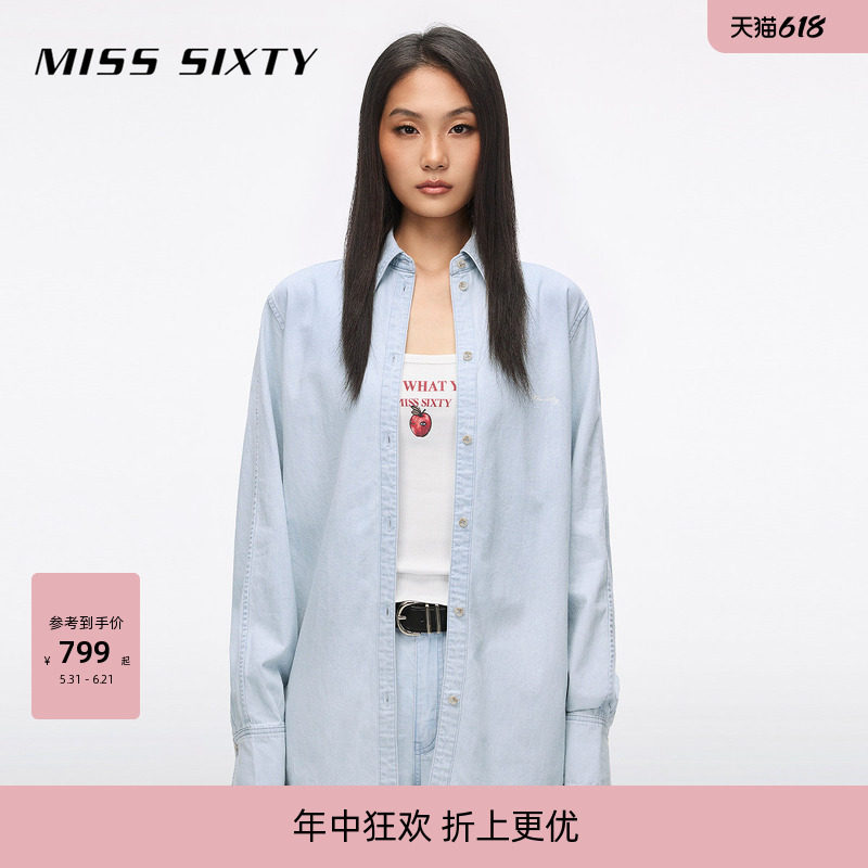 Miss Sixty2026夏季新款牛仔衬衫女翻领宽松落肩慵懒休闲棉质上衣