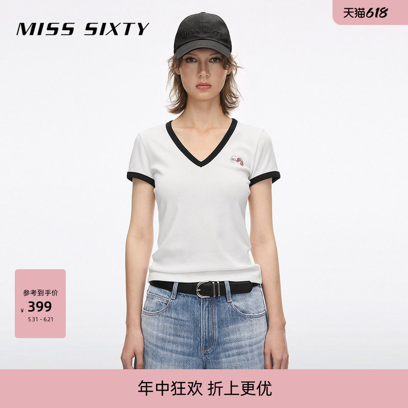 Miss Sixty2026夏季新款T恤女V领撞色领口印花合身休闲短款上衣