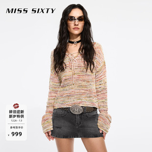 纱短款 Miss V领系带段染花式 针织衫 毛衣 Sixty25春秋长袖