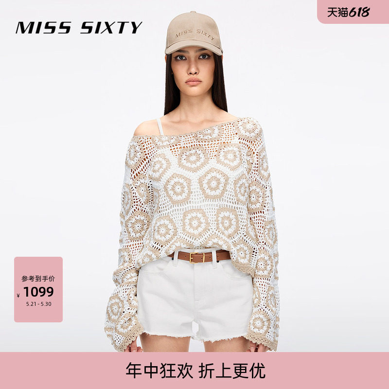 Miss Sixty夏低圆领针织衫女上衣精梳棉钩织花纹浪漫度假风
