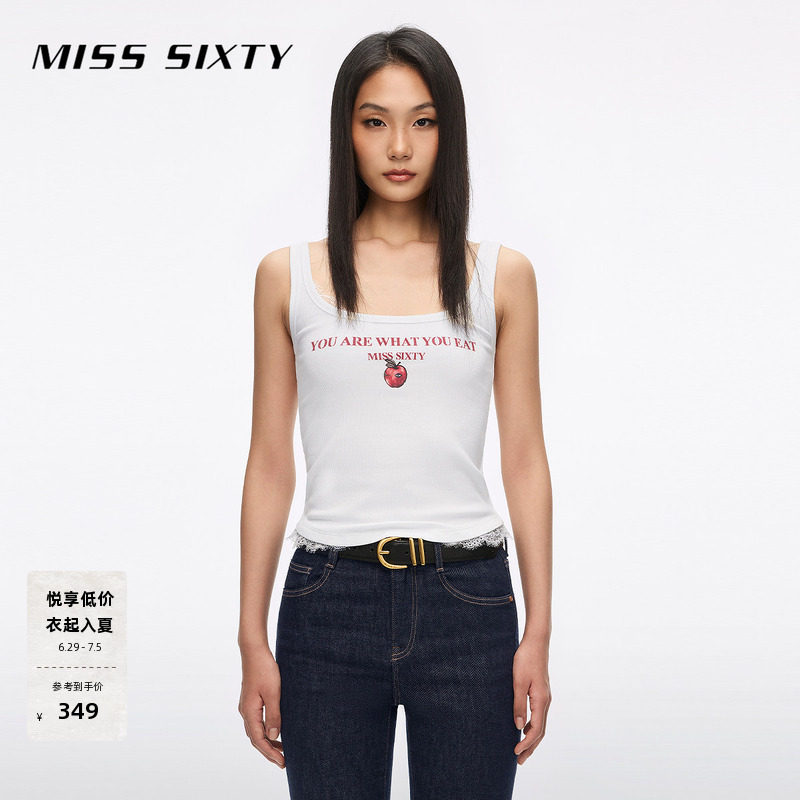 Miss Sixty2026夏季新款无袖T恤女蕾丝拼接U领修身短