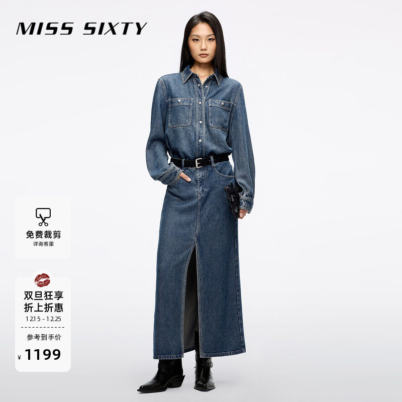 Miss Sixty2025秋季新款莱赛尔牛仔连衣裙女配腰带工装
