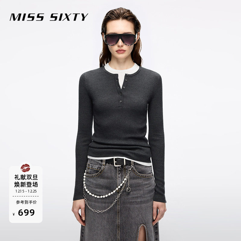 Miss Sixty25秋新款针织衫女羊毛桑蚕丝混纺两件套上衣配