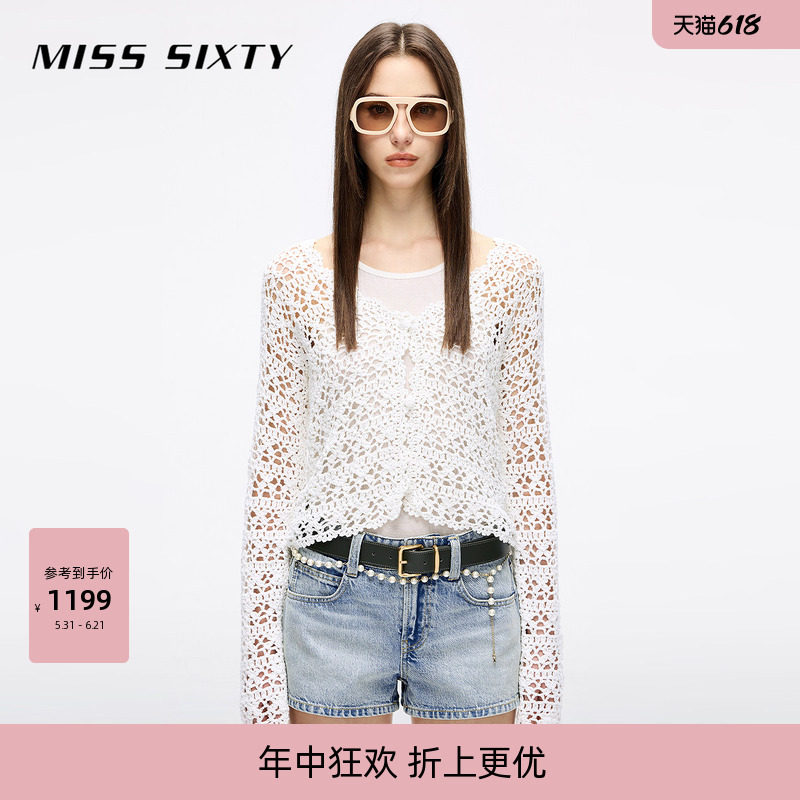 Miss Sixty针织外套外搭女V领长袖蝴蝶钩织性感镂空短款罩衫上衣
