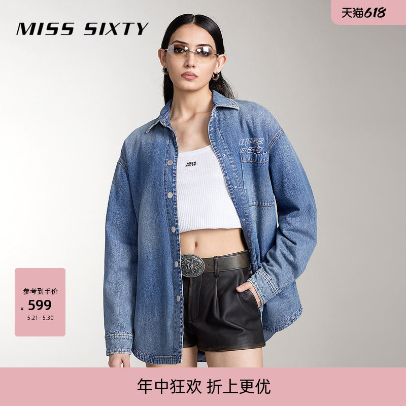 Miss Sixty长袖牛仔衬衫上衣复古显瘦百搭女翻领宽松夹棉休