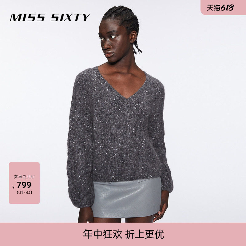 【杨幂同款】Miss Sixty含羊驼毛针织衫女V领复古绞花毛衣