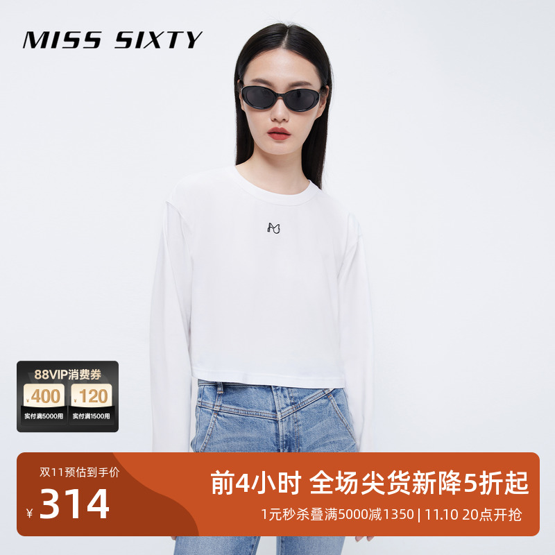 Miss Sixty2023春季新款纯棉T恤女圆领M字刺绣时尚宽松短款上衣