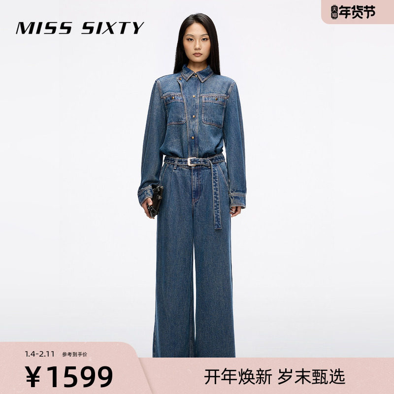 Miss Sixty2025秋季新款莱赛尔牛仔连体裤女配腰带复古工装直筒裤